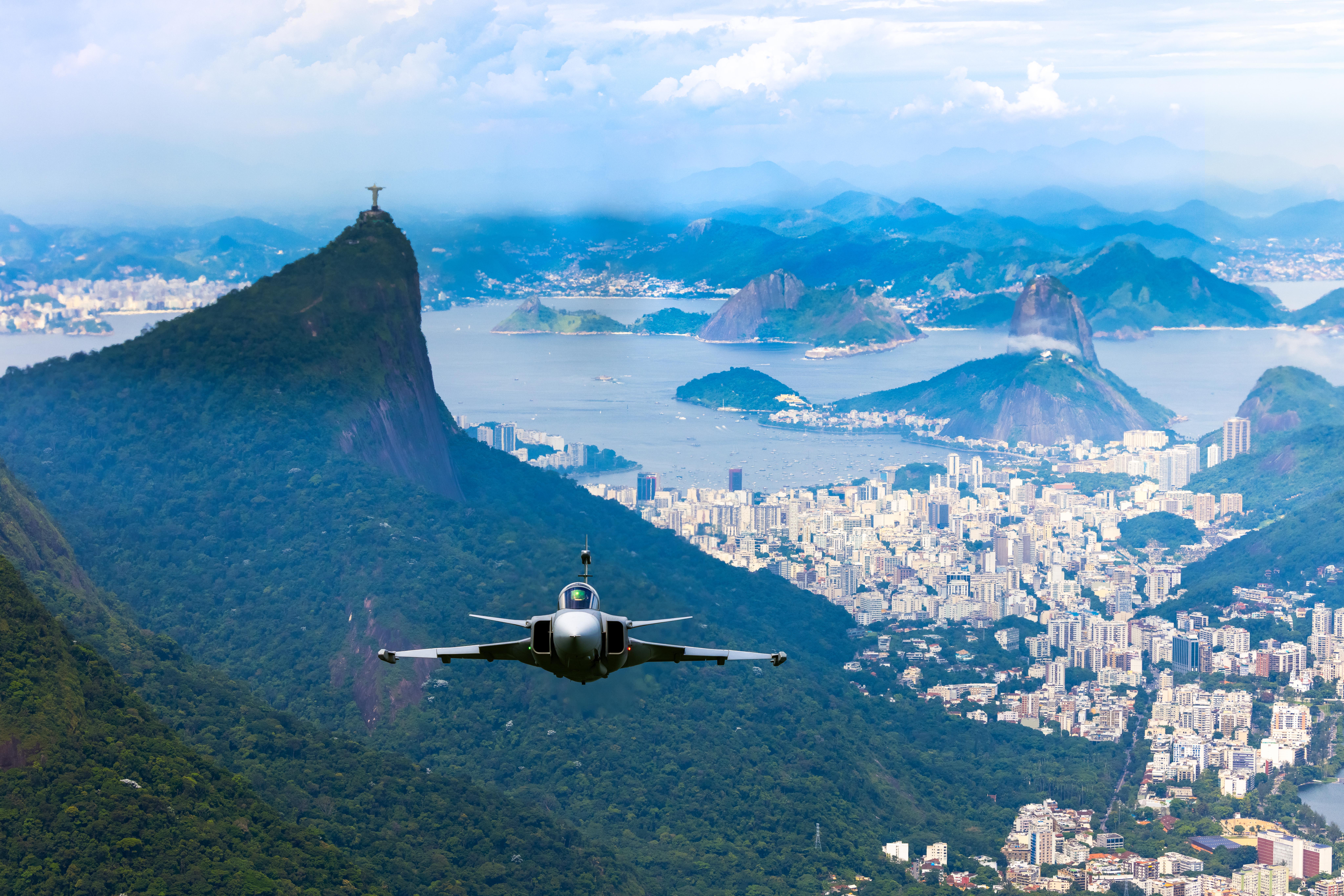 A Brazilian Air Force Gripen E over Rio de Janeiro.