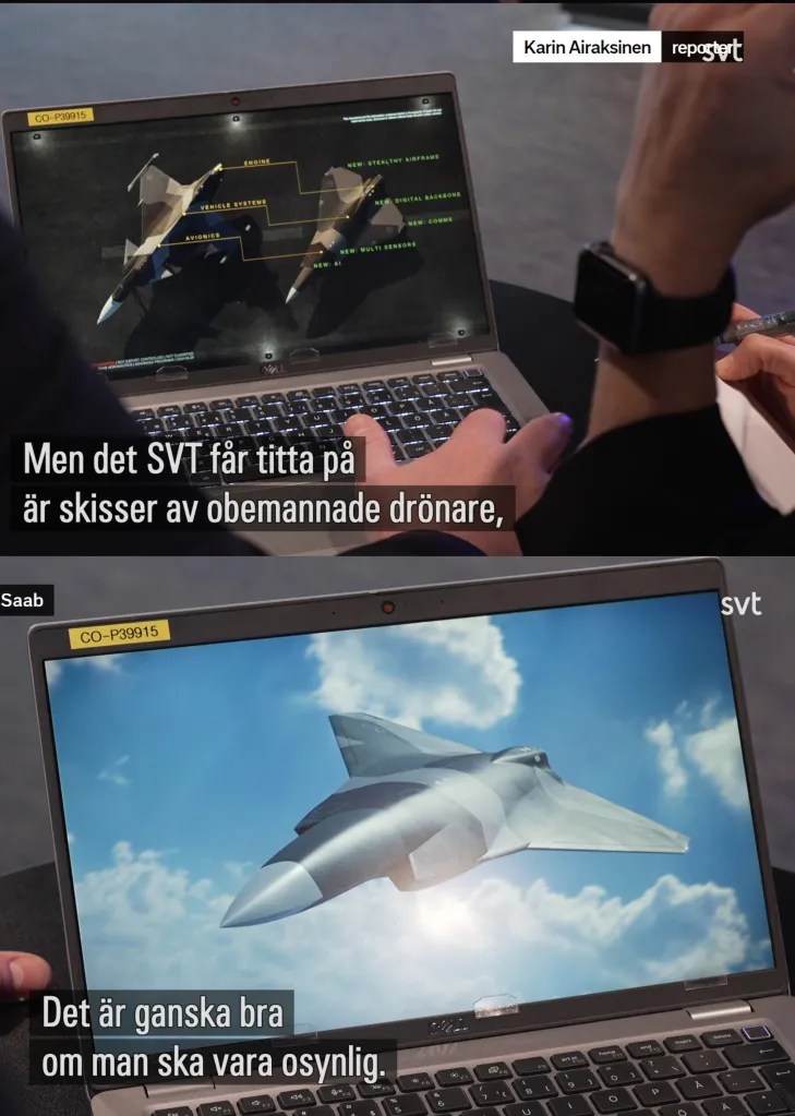 Two views of a Saab concept for a supersonic uncrewed platform.