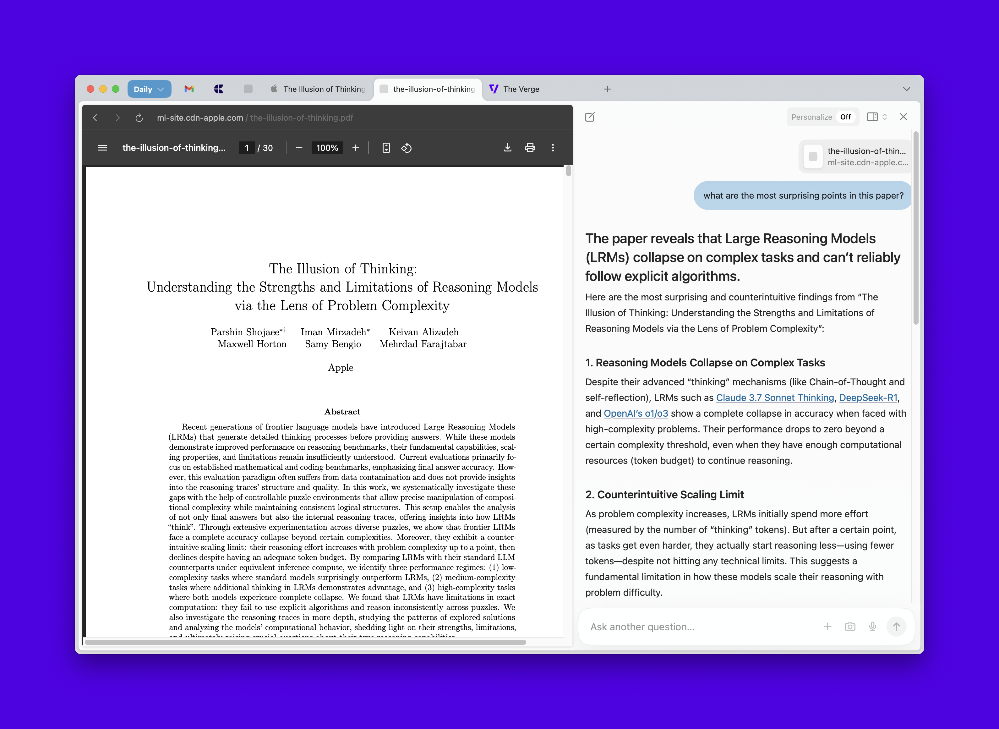 Dia AI answering a question about a technical paper