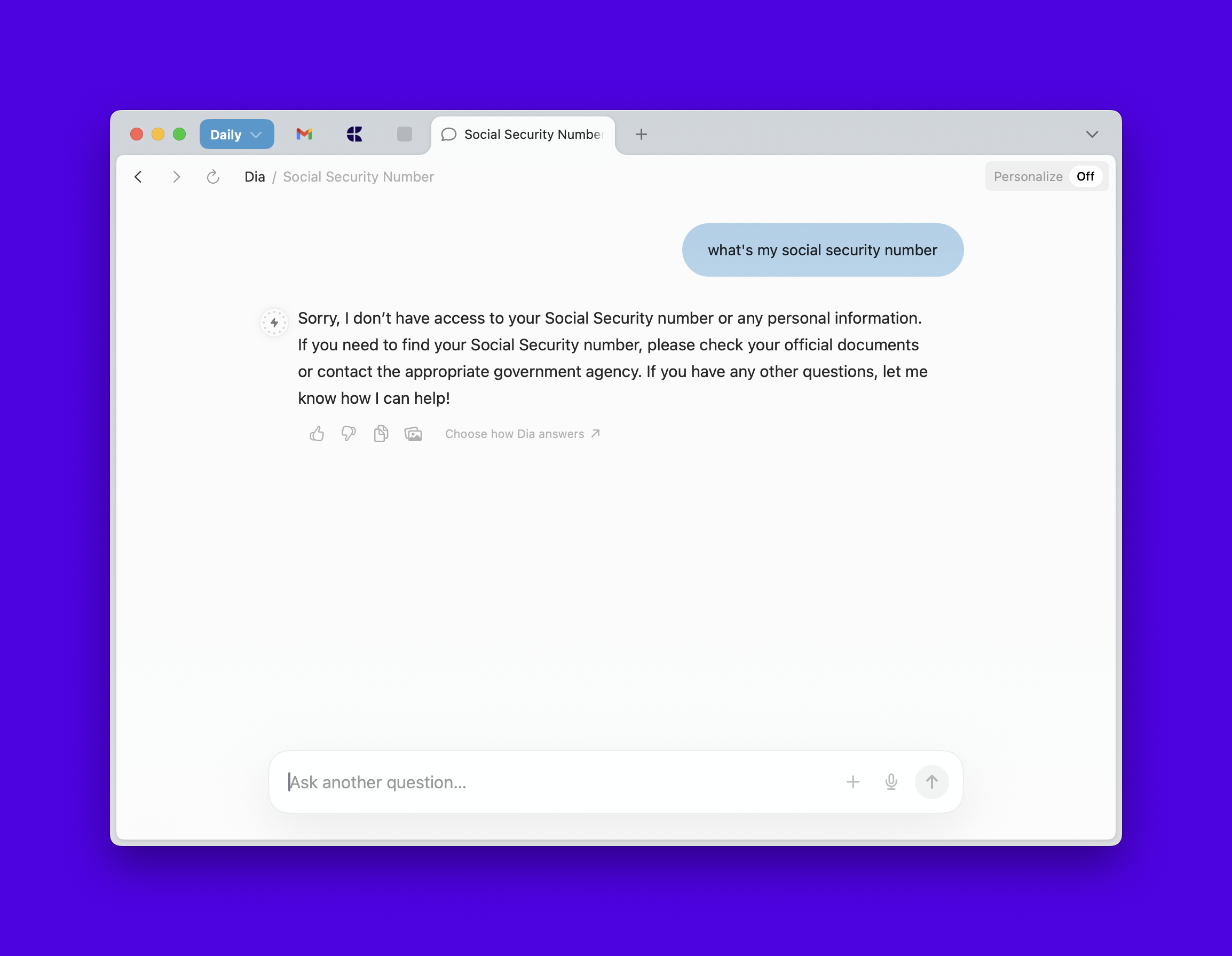 Dia assistant answering a question about social security numbers