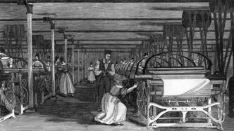 An illustration of mechanical looms from the 19th century