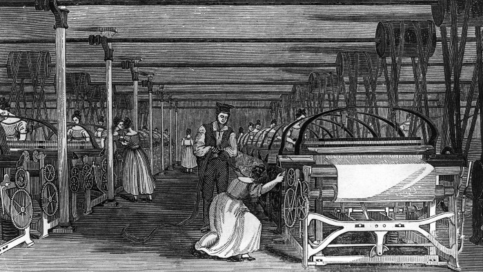 An illustration of mechanical looms from the 19th century