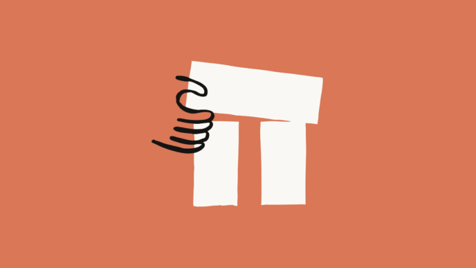 A minimalist illustration on an orange background showing a black line-drawn hand gripping a white classical architectural column.