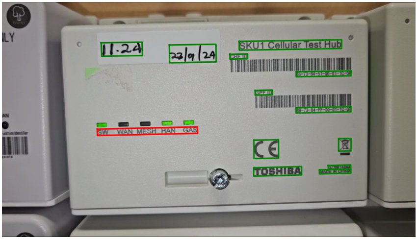 A key frame processed by Amazon Textract. The bounding boxes show detected text; LED labels appear in red after text matching.