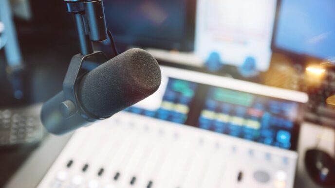 Close up of microphone in radio broadcast studio
