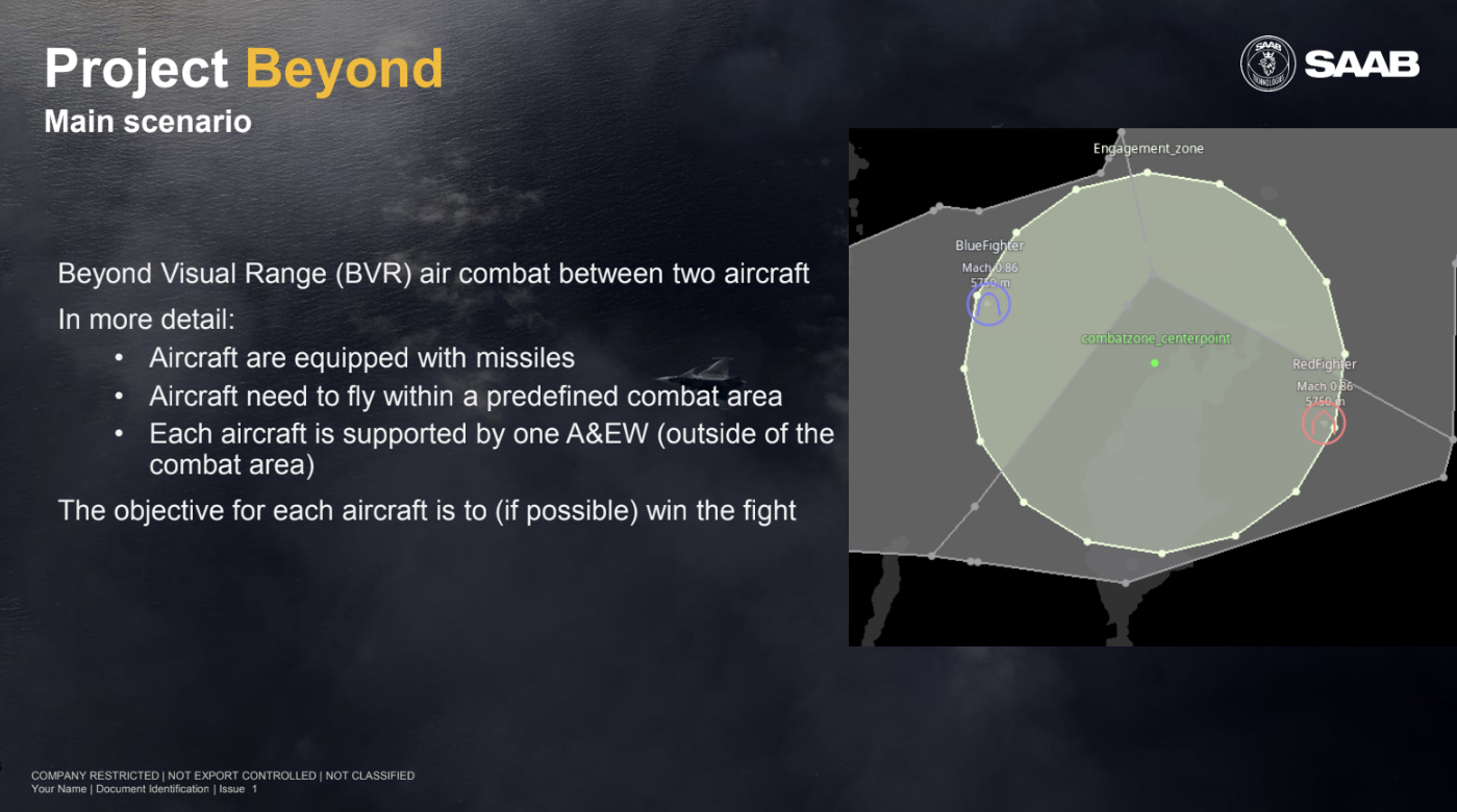 A slide from a Saab briefing shows the basic scenario behind a BVR engagement involving the Centaur Gripen and the Gripen D adversary.