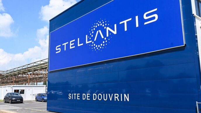 sign at the entrance of the plant of Dutch multinational automotive manufacturing company Stellantis