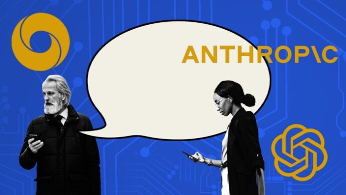 Man and woman using smartphones with logos of DeepMind, Anthropic, and OpenAI on a tech-themed background