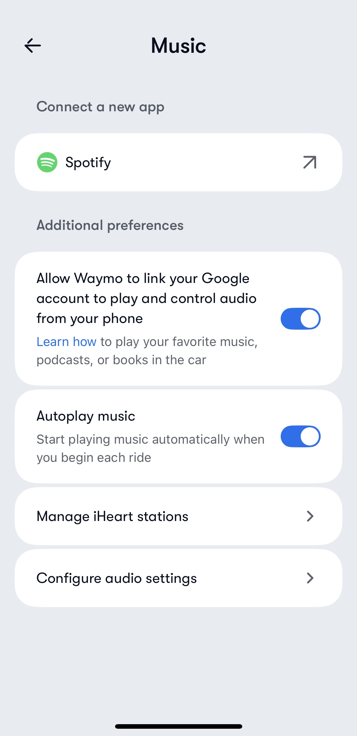 Waymo app Spotify connection screen.