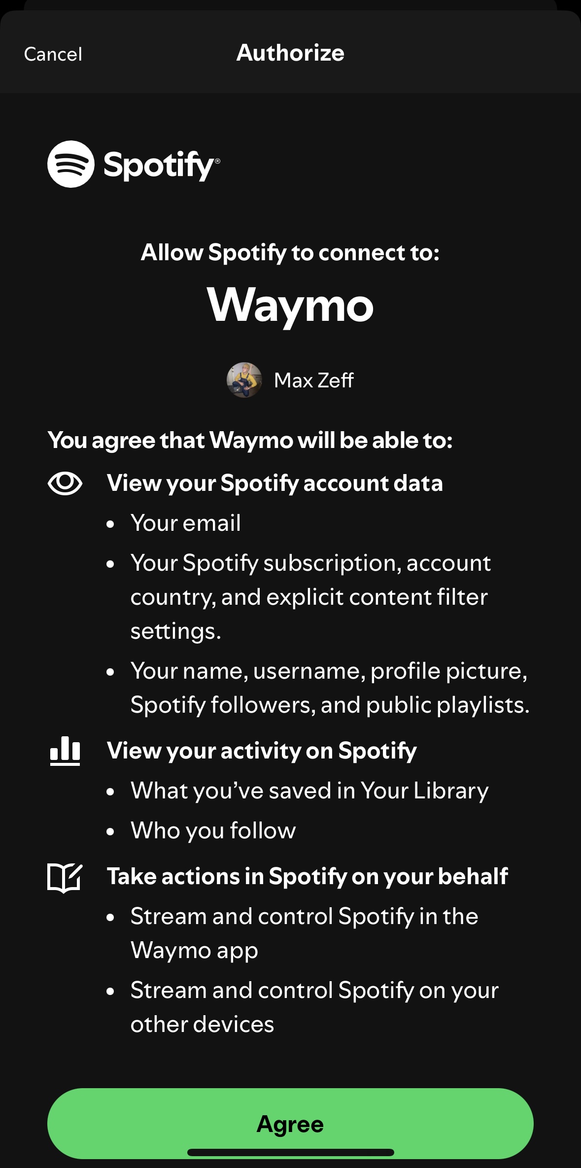 Waymo music screen with Spotify.