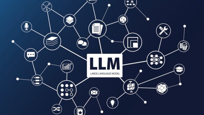 LLM word with icons as vector illustration. AI concept of Large Language Models
