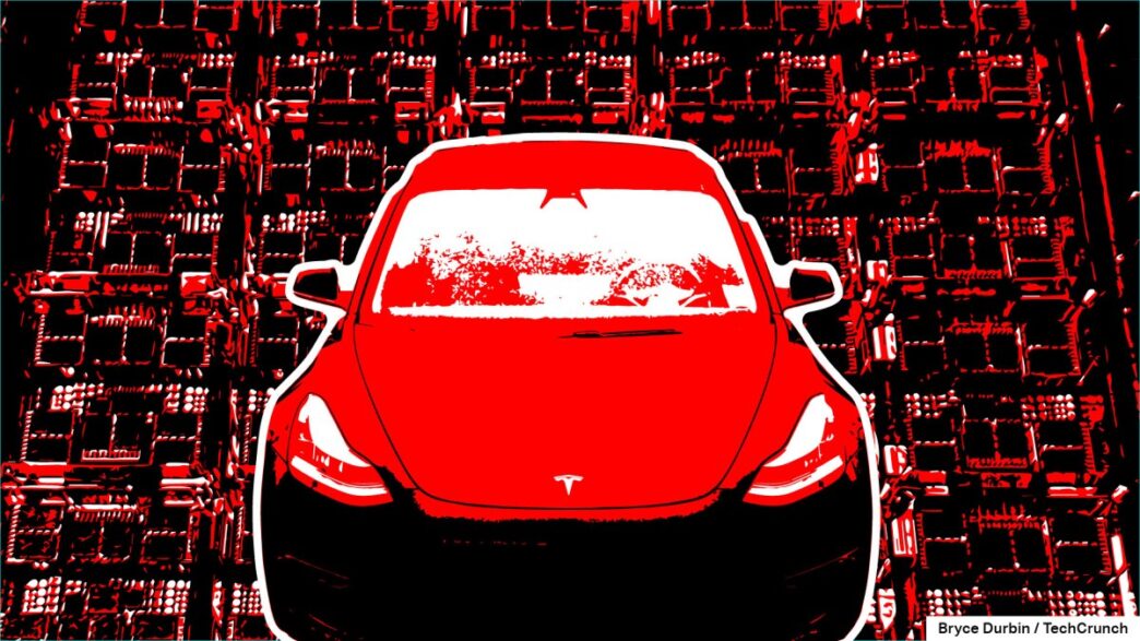 Image of a red Tesla over a supercomputer AI training cluster.