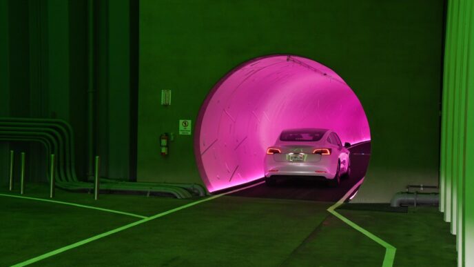 A Tesla car drives through a tunnel in the Central Station during a media preview of the Las Vegas Convention Center Loop