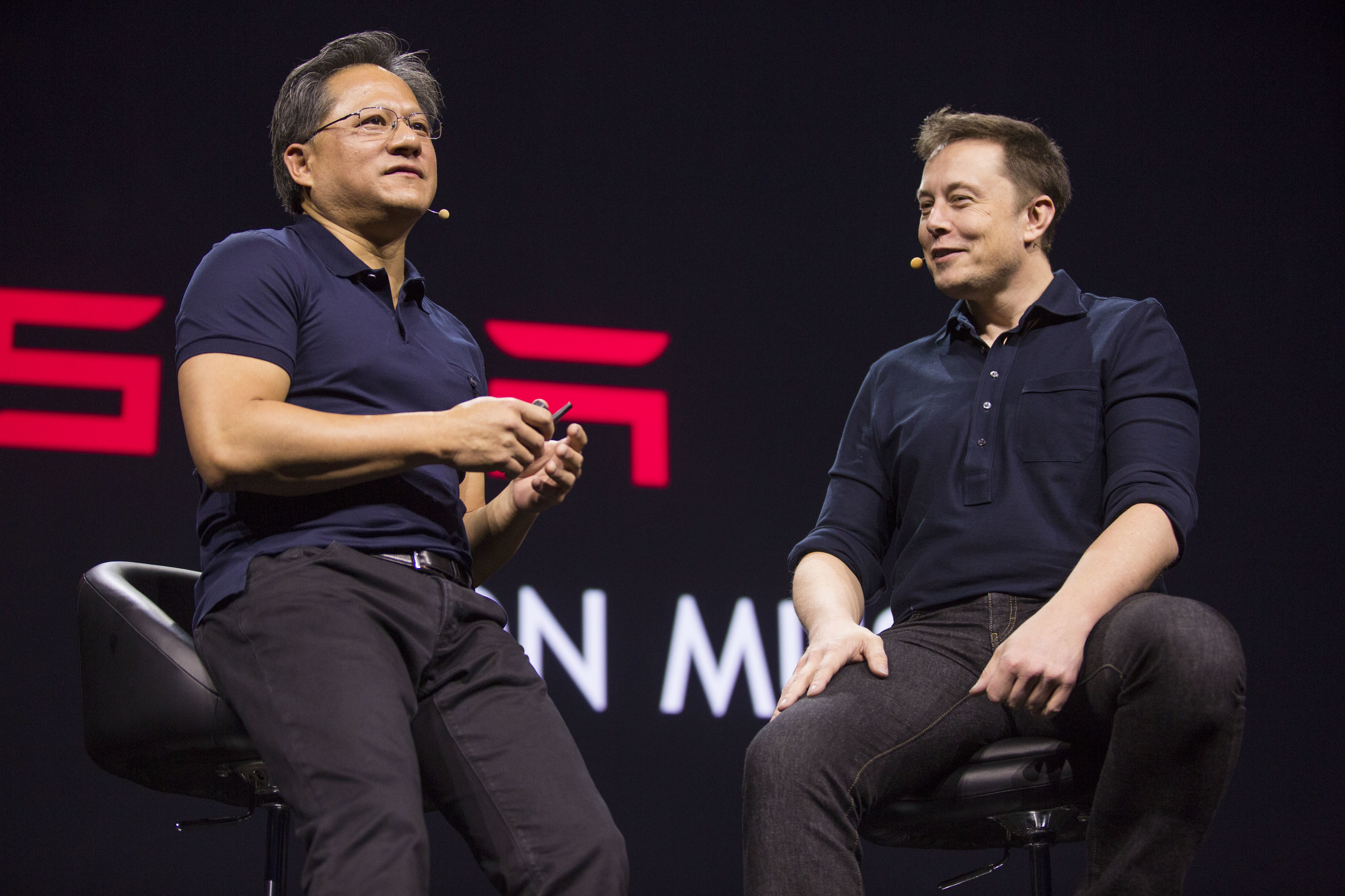 Nvidia CEO Jensen Huang and Tesla CEO Elon Musk at the GPU Technology Conference in San Jose, California.