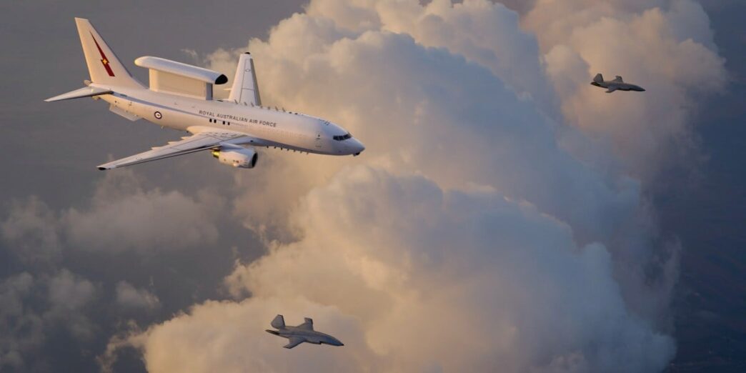 An artist’s rendering of a Royal Australian Air Force E-7A Wedgetail teaming with two MQ-28 Ghost Bat collaborative combat aircraft. (Boeing illustration)