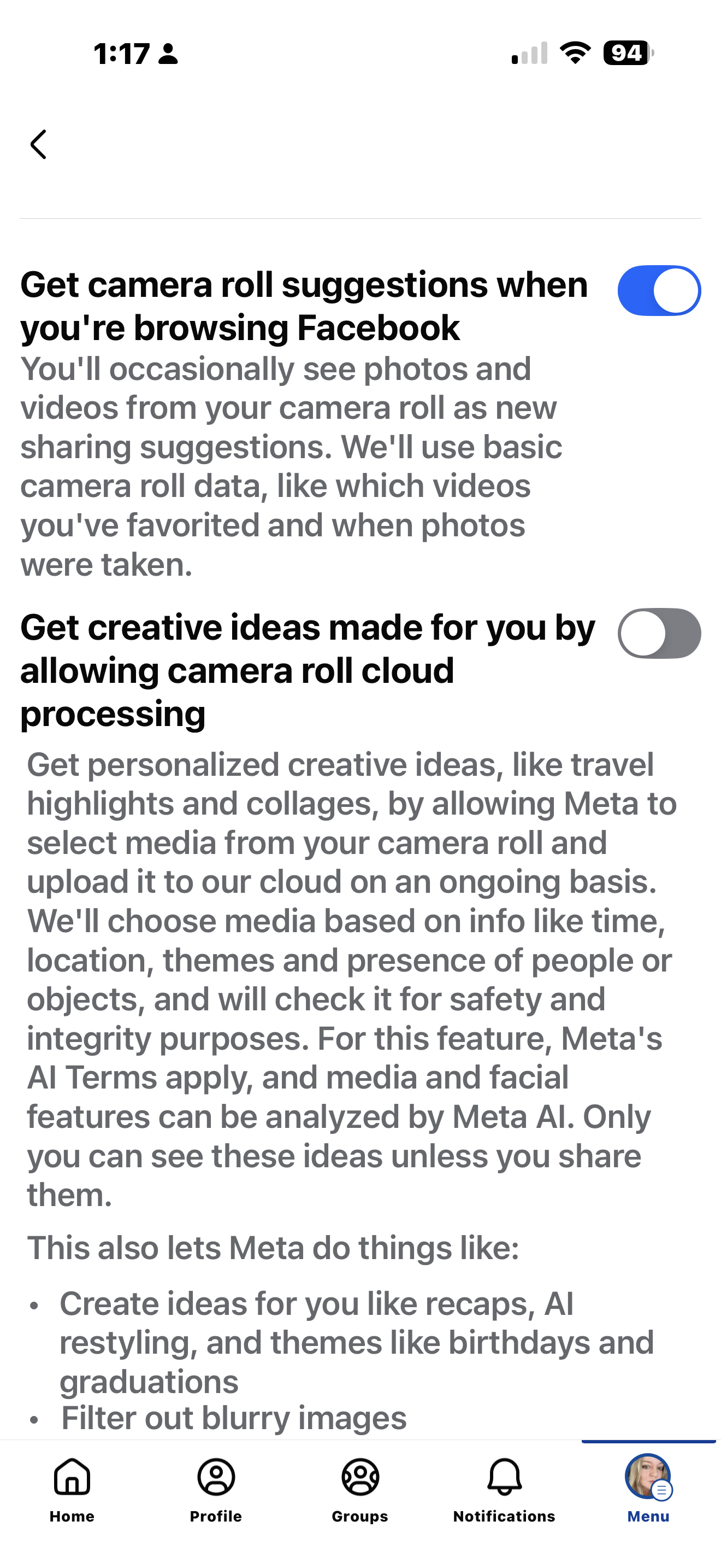 Screenshot of Facebook's camera roll sharing settings