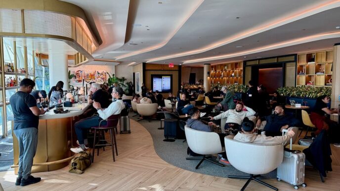People sitting in chairs and at the bar in an airport lounge.