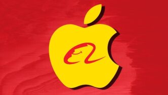 Montage featuring logos of Apple and Alibaba against a red background