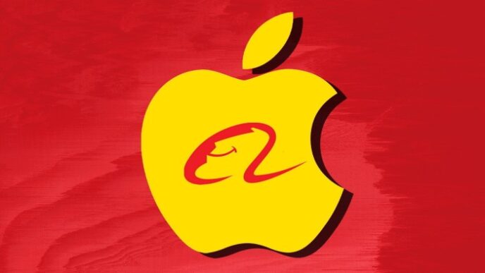 Montage featuring logos of Apple and Alibaba against a red background