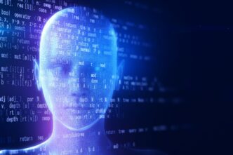 Holographic human type AI robot and programming data on a black background.