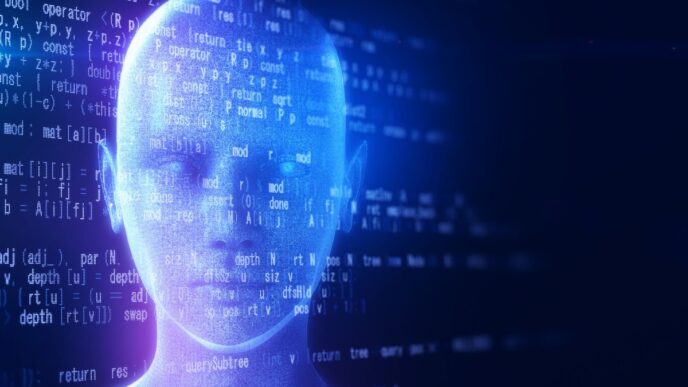 Holographic human type AI robot and programming data on a black background.