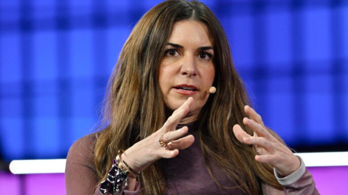 LISBON, PORTUGAL - NOVEMBER 13: Sarah Franklin, CEO, Lattice, delivers remarks while discussing with Lidiane Jones, CEO Bumble, and Danielle Belton, Editor-in-Chief The Huffington Post, about "So you’re the new CEO?" at Center Stage during the second day of Web Summit on November 13, 2024 in Lisbon, Portugal. The annual conference brings together founders and CEOs of technology companies, as well as policymakers, to discuss the future of the Web. This year runs from November 11 to November 14. The 2024 event announced that has officially sold out its Lisbon flagship event with more than 70,000 attendees, a record breaking 3,000 exhibiting companies, 1,000 investors and 2,000 global media. This year's Web Summit marks the comeback of Paddy Cosgrave, CEO and co-founder of the event, who had resigned in 2023 and was replaced by Katherine Maher. Ms. Maher left after three months and, in April 2024, Cosgrave decided to return as CEO. (Photo by Horacio Villalobos#Corbis/Getty Images)