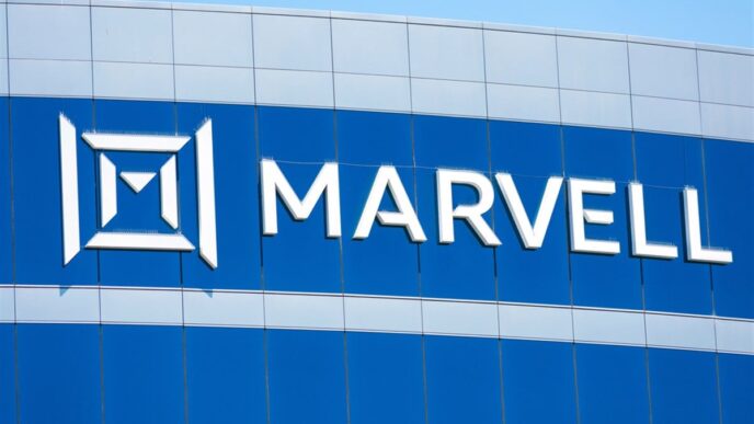 Marvell sign, logo on facade of Marvell Technology headquarters in Silicon Valley - Santa Clara, California, USA - 2021 - Stock Editorial Photography