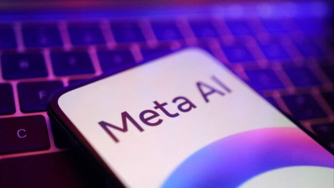 A Meta logo on a mobile phone with a computer keyboard in the background