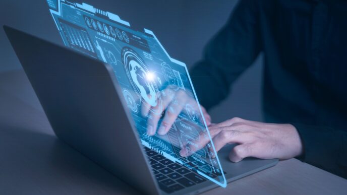 Businessman and computer technology network connection on futuristic virtual interface screen artificial intelligence