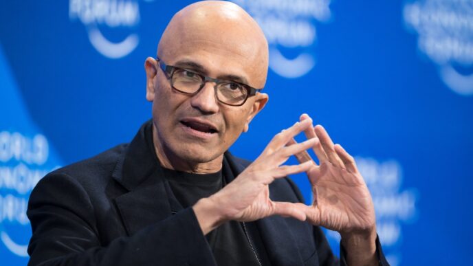 Microsoft CEO Satya Nadella gestures during a session at the World Economic Forum (WEF) annual meeting in Davos, on January 16, 2024.