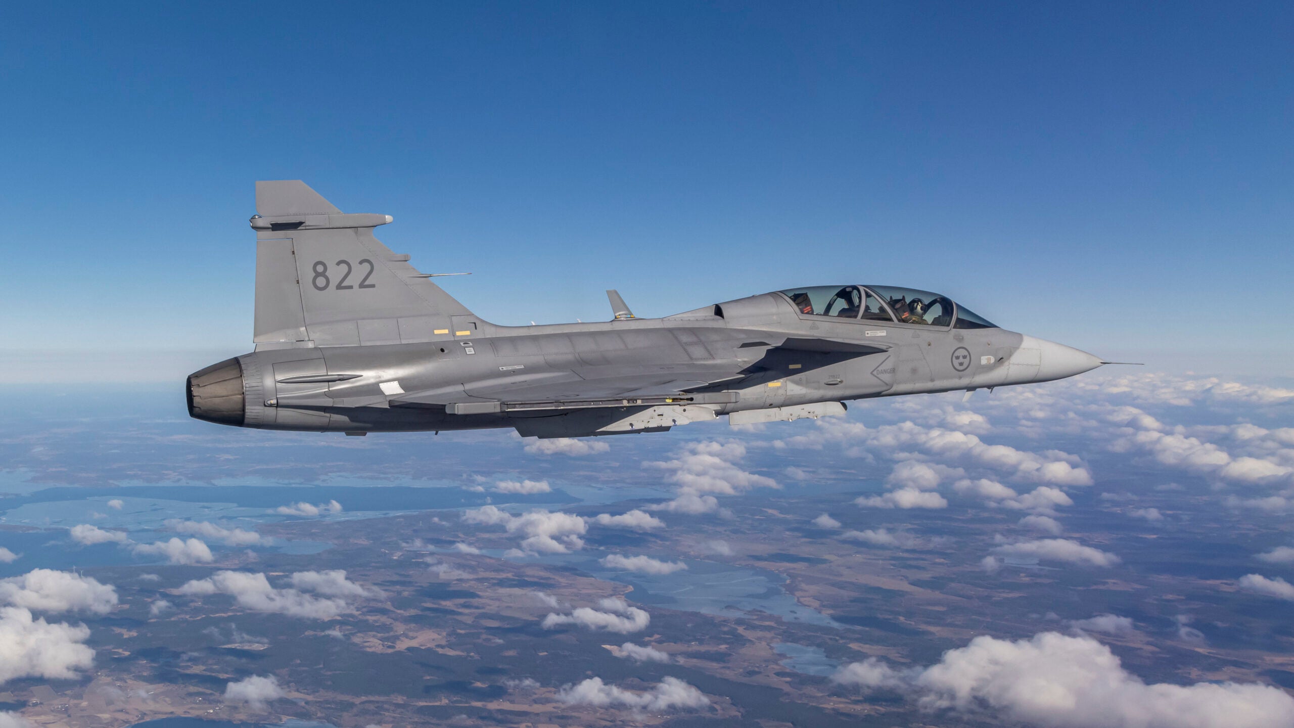 A crewed two-seat Gripen D like this one was used as the adversary during the initial Centaur BVR scenarios.