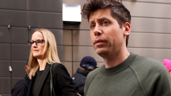 Sam Altman, chief executive officer of OpenAI, right, departs the New York Times DealBook Summit at Jazz at Lincoln Center in New York, US, on Wednesday, Dec. 4, 2024.