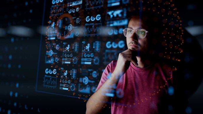 man contemplating data