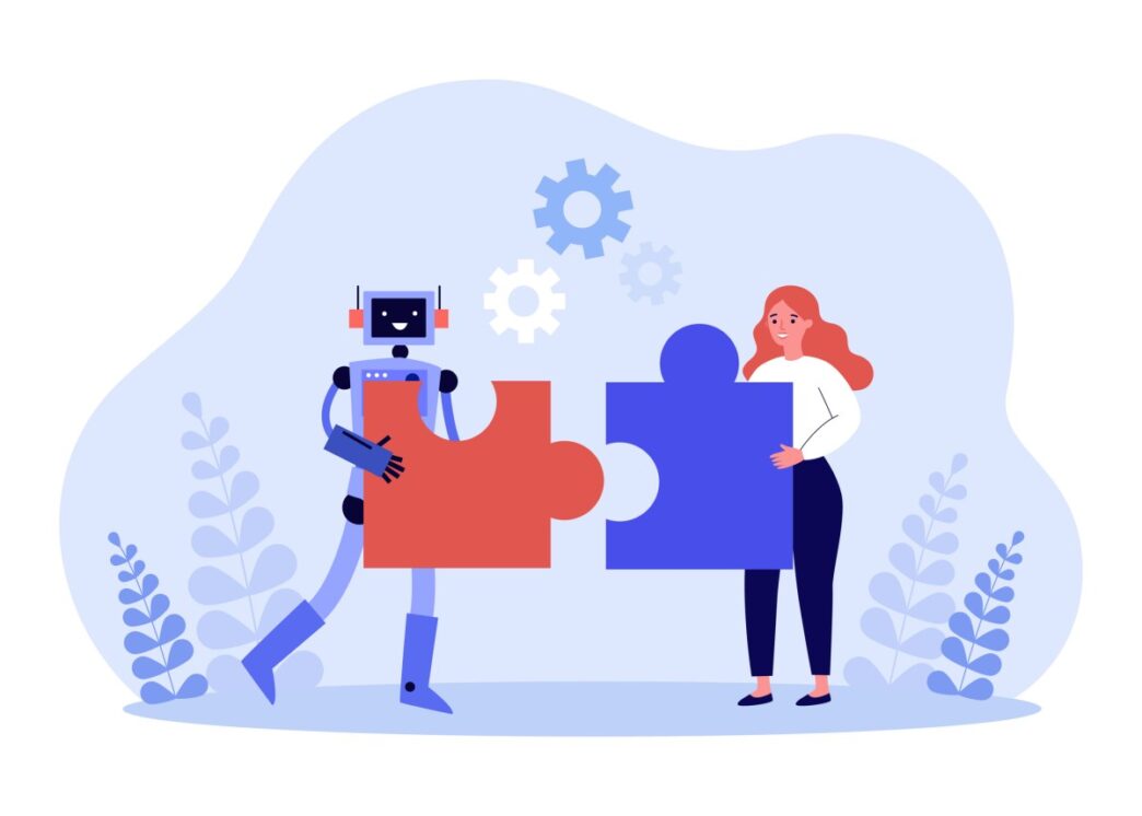 Illustration of robot with puzzle piece that fits in with a puzzle piece being held by a woman employee.