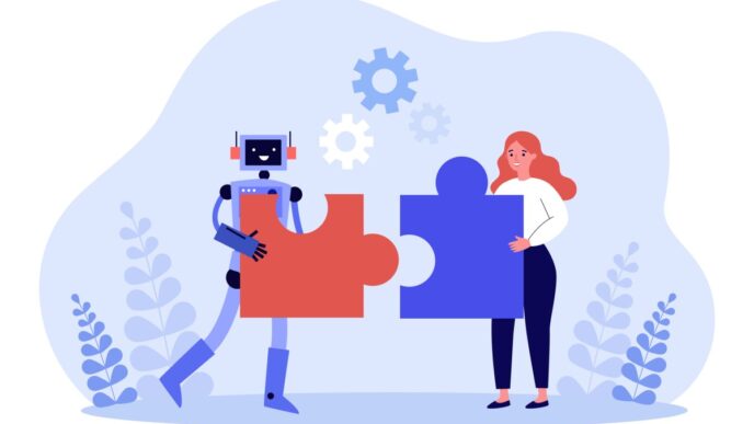 Illustration of robot with puzzle piece that fits in with a puzzle piece being held by a woman employee.