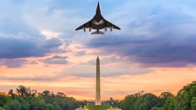plane in flight over Washington Monument