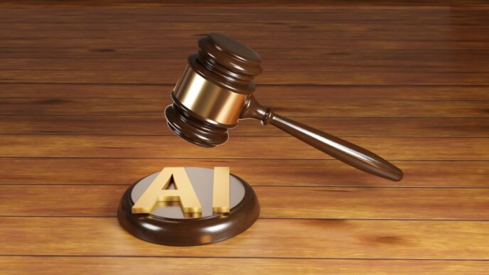 Wooden gavel with brass engraving band and golden alphabets AI on a round wood sound block. Illustration of the concept of legislation of artificial intelligence act and rules