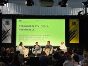 Left to Right: Rebecca Bellan (Senior Reporter, TechCrunch; Michael Washinushi, Bird; Fredrik Hjelm, Voi; Henri Moissinac) at a roundtable at Micromobility Europe in Brussels
