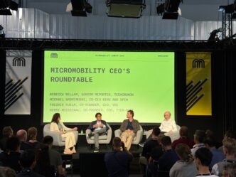 Left to Right: Rebecca Bellan (Senior Reporter, TechCrunch; Michael Washinushi, Bird; Fredrik Hjelm, Voi; Henri Moissinac) at a roundtable at Micromobility Europe in Brussels