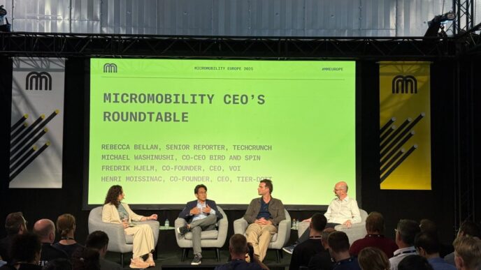 Left to Right: Rebecca Bellan (Senior Reporter, TechCrunch; Michael Washinushi, Bird; Fredrik Hjelm, Voi; Henri Moissinac) at a roundtable at Micromobility Europe in Brussels
