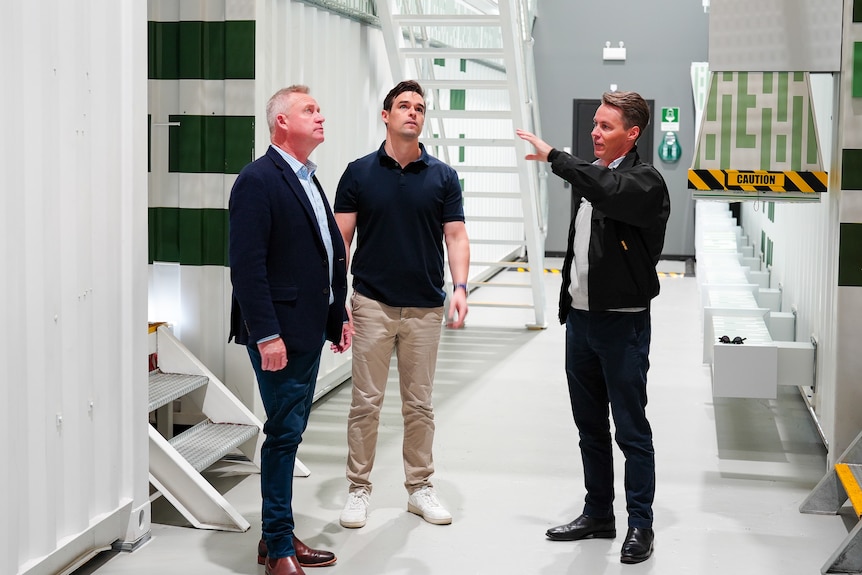 Premier Jeremy Rockliff toured the Firmus site with co-chief executives Tim Rosenfield and Oliver Curtis.