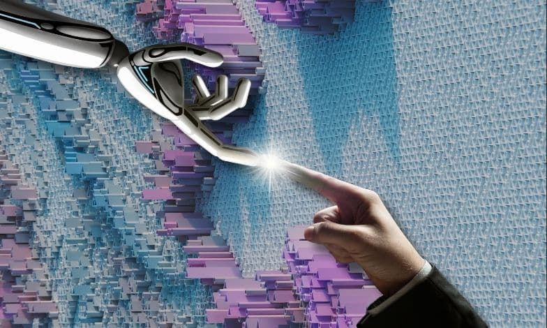 image of a robot and a human fingers touching