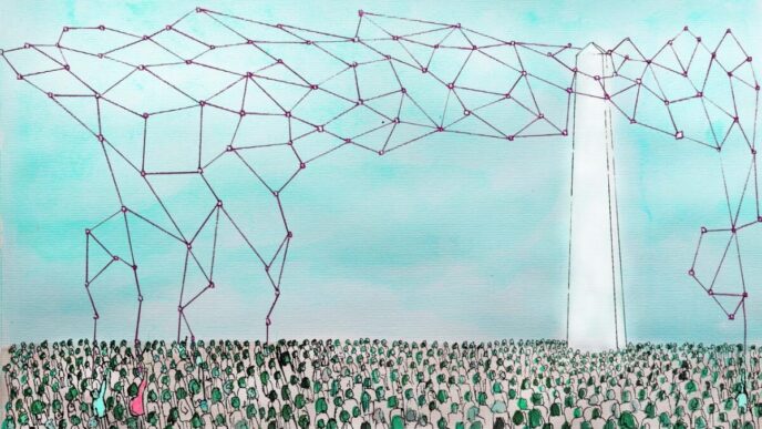 A neural network comes out of the top of an ivory tower, above a crowd of people's heads (shown in green to symbolise grass roots). Some of them are reaching up to try and take some control and pull the net down to them. Watercolour illustration.
