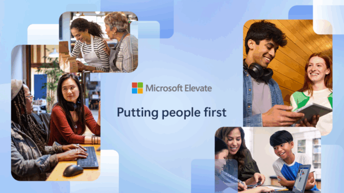 Graphic for Microsoft Elevate with the tagline 'Putting people first,' featuring diverse groups of people collaborating in various work settings. The design includes small gradient squares subtly integrated into the layout as visual accents.