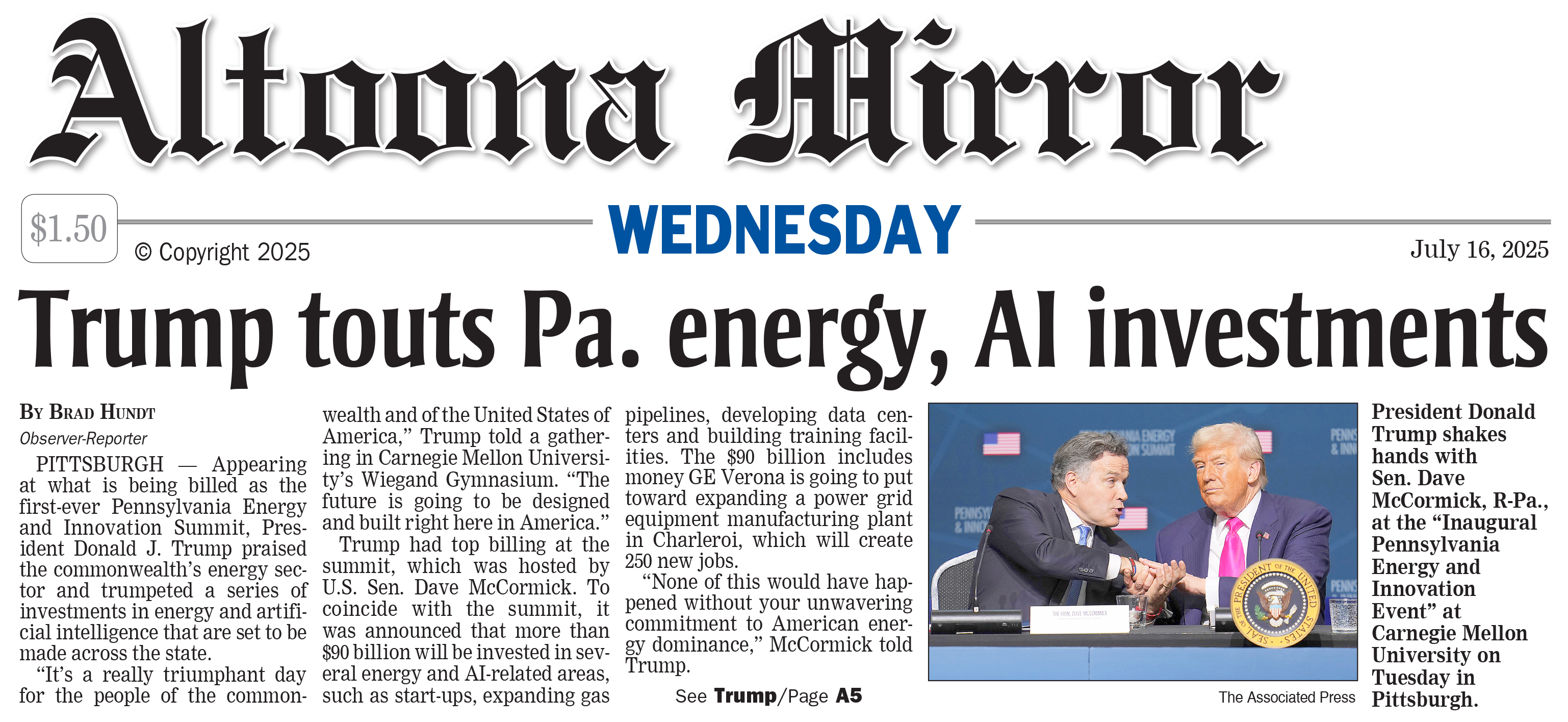 Altoona Mirror Front Page