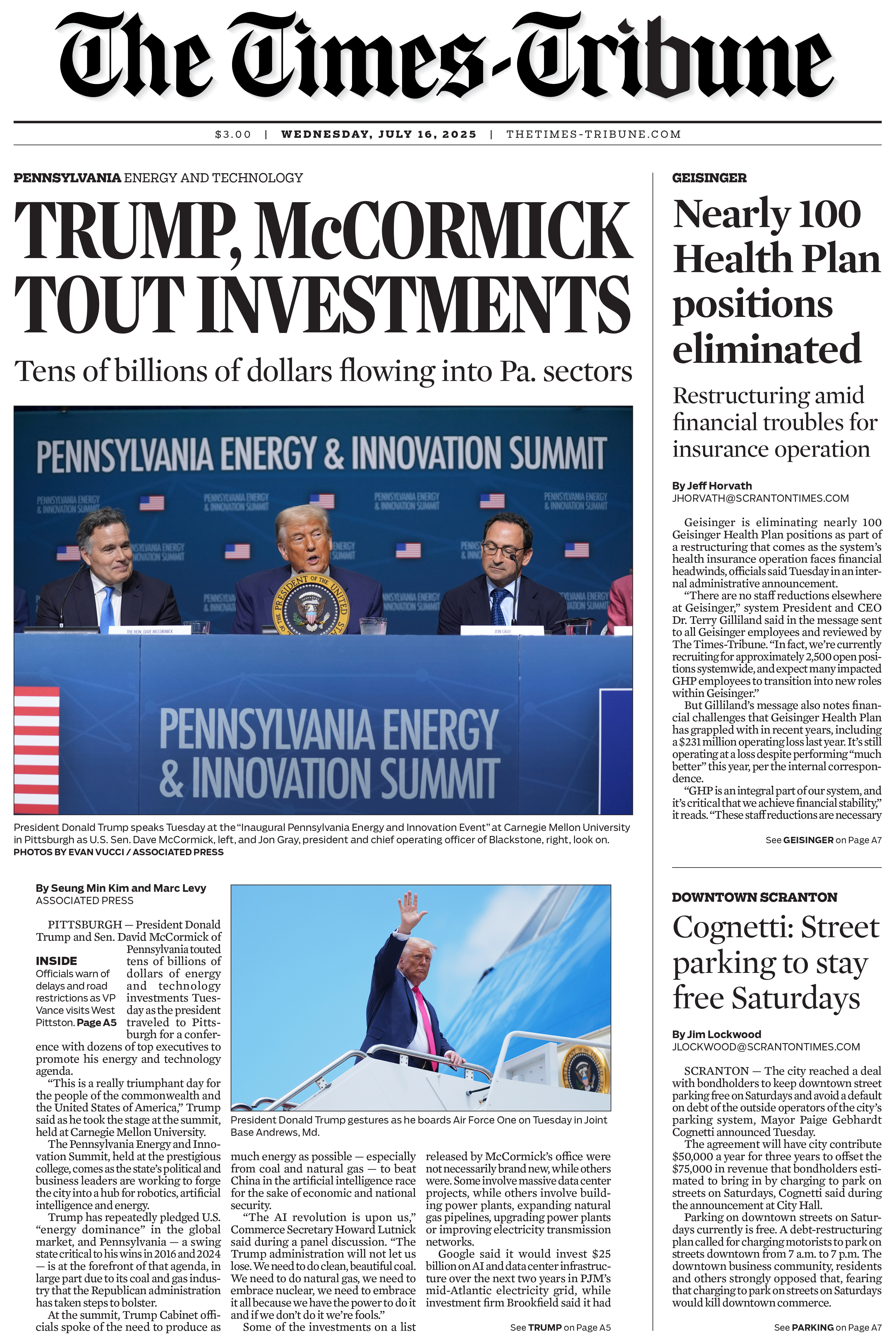 Scranton Times-Tribune Front Page