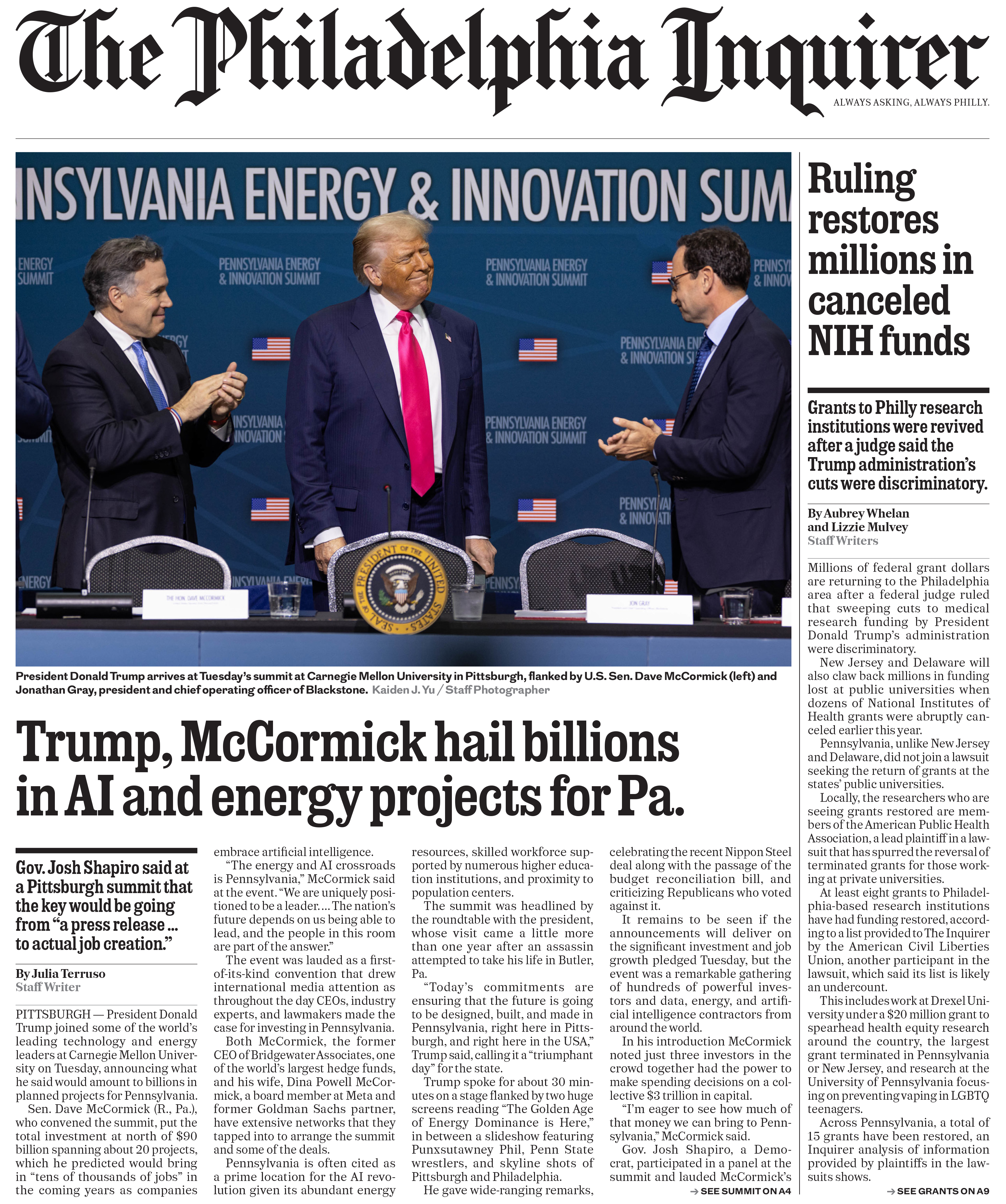 Philadelphia Inquirer Front Page