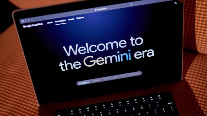 The Google DeepMind website on a laptop computer arranged in New York, US,