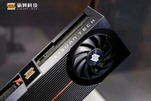 Lisuan Tech graphics card with cooling fan and branding, angled view.