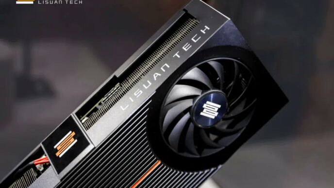 Lisuan Tech graphics card with cooling fan and branding, angled view.